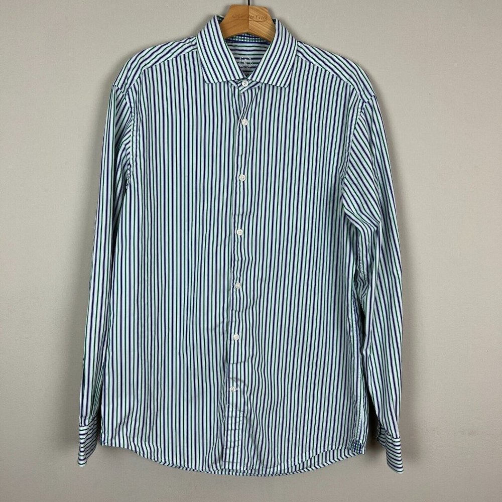 Bugatchi Uomo Dress Shirt Mens 16 34/35 Blue Green Striped Long Sleeve Button Up